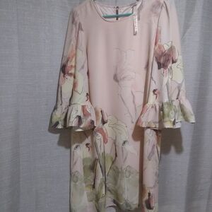 Uncle Frank Pastel Floral Ruffle-Sleeve Long Sleeve Dress